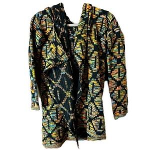 Cozy Casual Women’s Aztec Diamond Black Multicolor Open Hoodie Cardigan Sz M/L